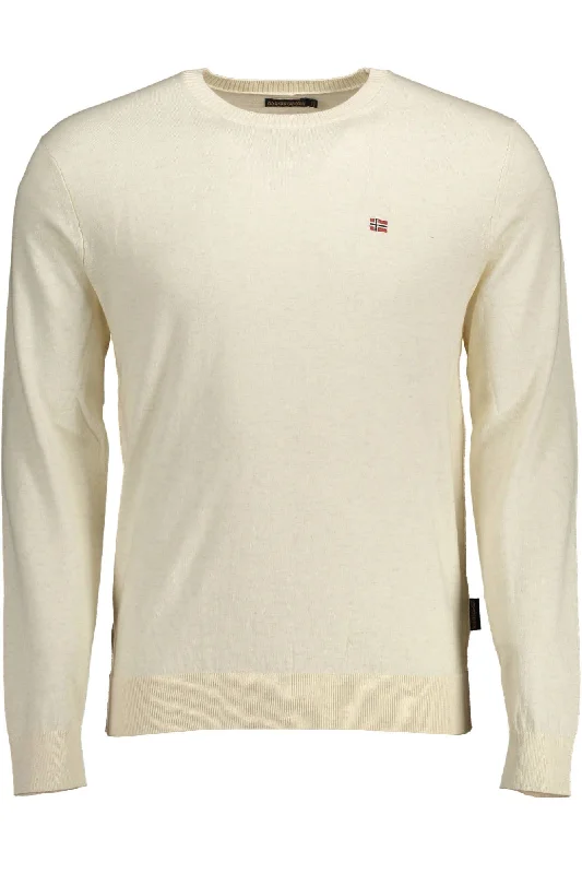 Beige Cotton Men Sweater Boat Neck Shawl Collar Notched Collar
