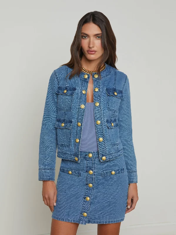 Yari Denim Jacket La Jolla - L'AGENCE Notch Collar Peter Pan Collar Cowl Neck