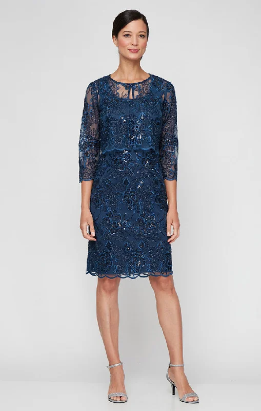 Short Embroidered Sheath Jacket Dress with Scoop Neckline and Hook Neck Closure Jacket A-Line Jacket Boat Neck Shawl Collar