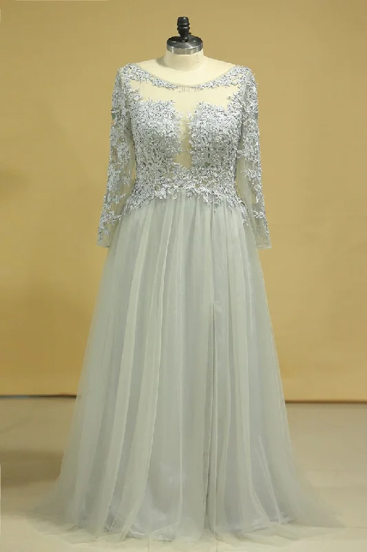 Long Sleeves Prom Dresses Bateau With Slit & Embroidery Tulle Floor Length Plus Size Long Sleeves Prom Dresses Bateau With Slit & Embroidery Tulle Floor Length Plus Size