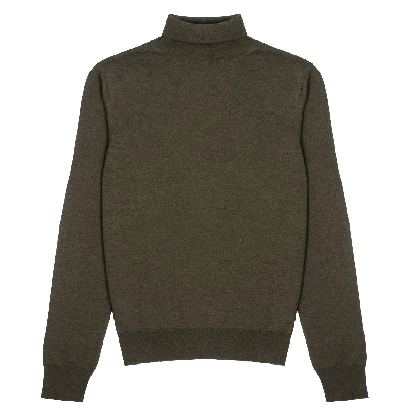 Sunspel Womens Merino Silk Roll Neck Sweater Dark Moss Embroidered Appliqued Beaded
