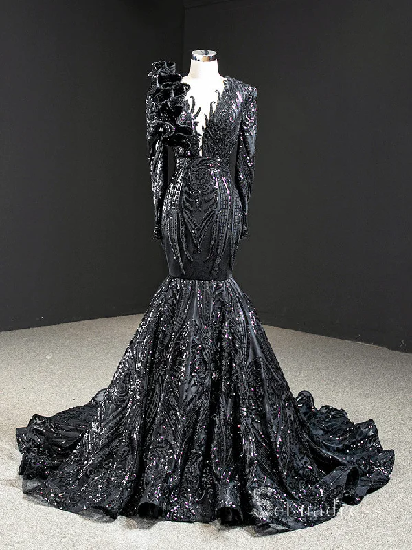 Chic Mermaid Scoop luxury Long Prom Dress Black Sparkly Evening Gowns MLH0456