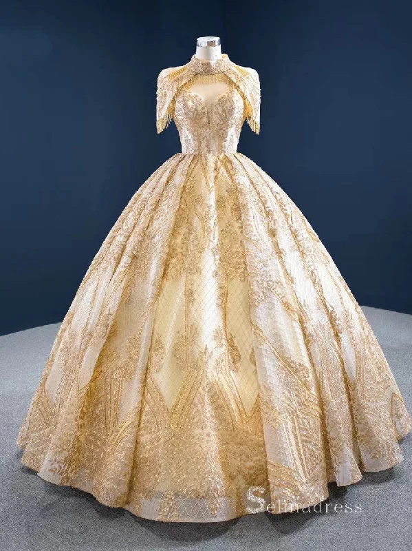 Chic Ball Gown High Neck luxury Long Prom Dress Sparkly Gold Evening Gowns MLH0462