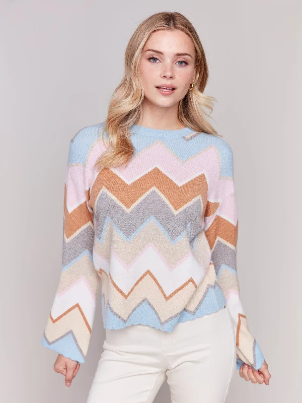 CHEVRON KNIT BELL SLEEVE SWEATER - CANDY Seamless Knitted Crochet