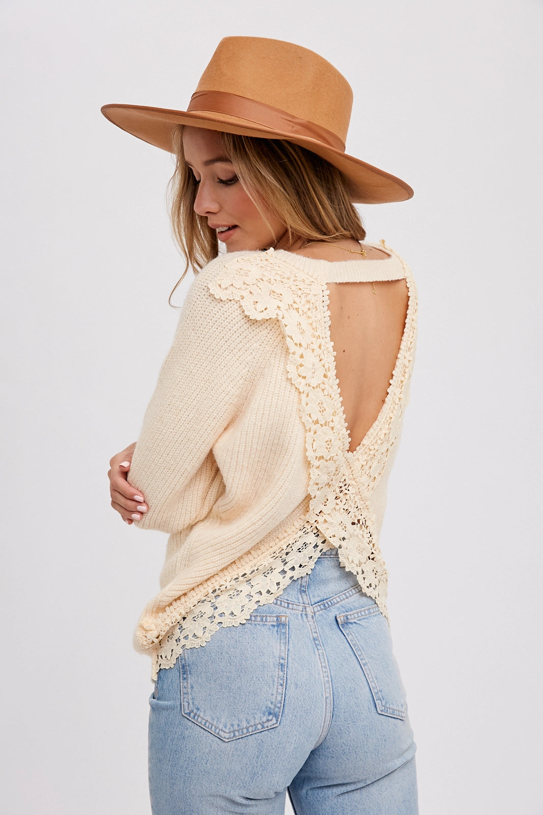 Crochet Lace Open Back Pullover Lapel Neck Sweater