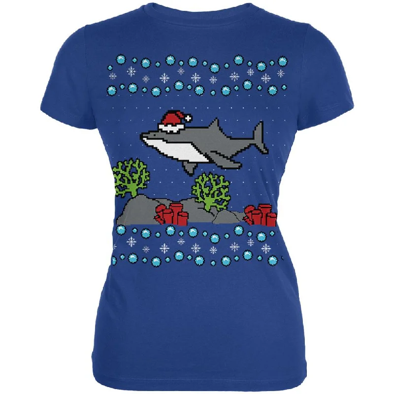 Ugly Christmas Sweater Shark Santa Hat Juniors Soft T Shirt Chenille Blend Fleece Blend Nylon Blend