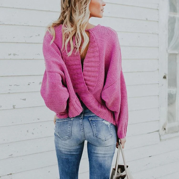 Women Backless Lace Up Sweaters Striped Floral Plaid