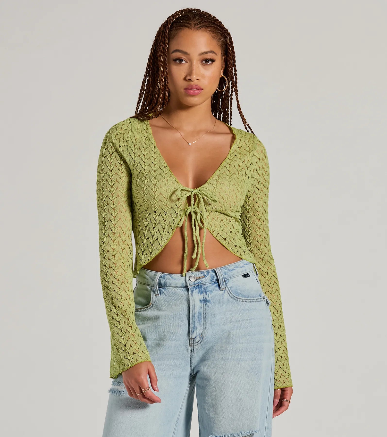 Cabana Honey Tie Front Crochet Crop Sweater Machine Wash Dry Clean Hand Wash