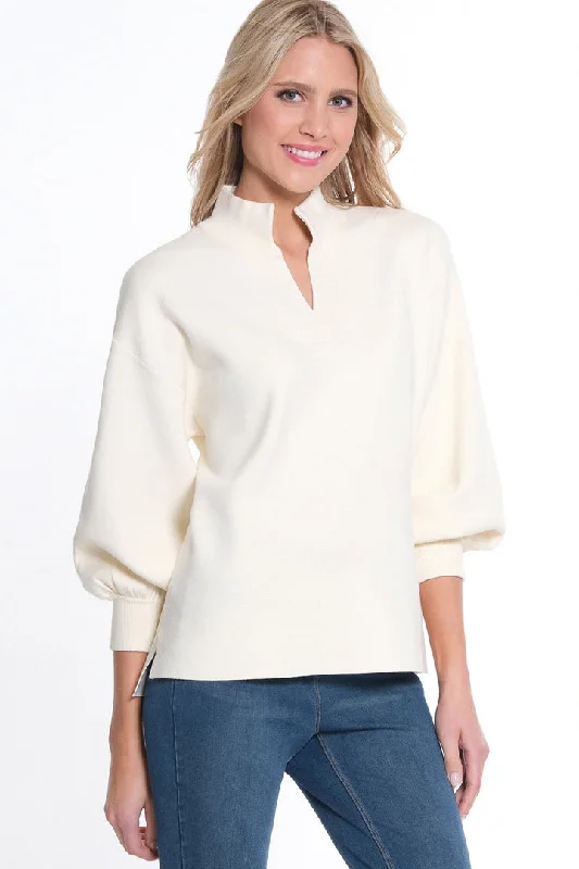 CUFFED 3/4 SLEEVE DROP SHOULDER MOCK NECK SWEATER - WINTER WHITE Handmade Hand-knitted Hand-woven CUFFED 3/4 SLEEVE DROP SHOULDER MOCK NECK SWEATER - WINTER WHITE Handmade Hand-knitted Hand-woven