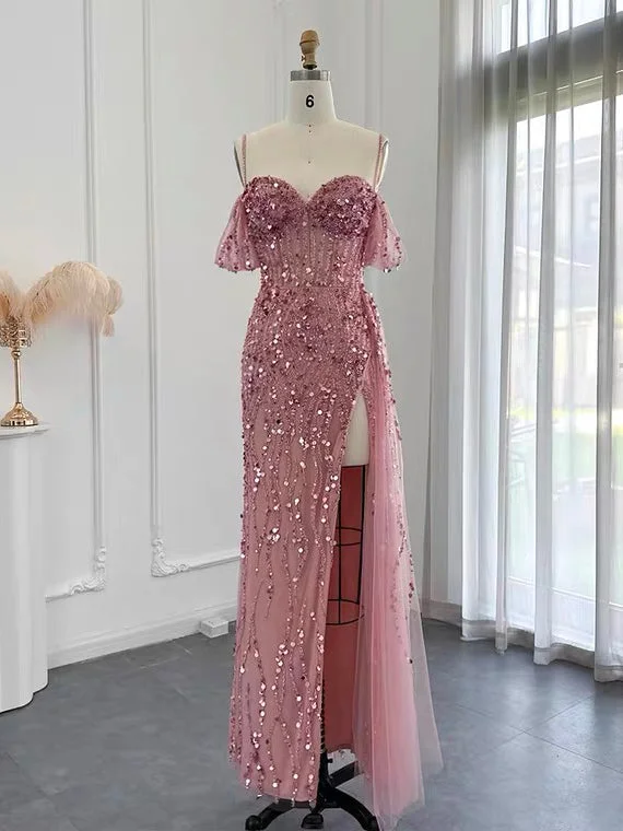 Mermaid Off-the-shoulder Beaded Prom Dress Evening Gowns With Split #OPS002