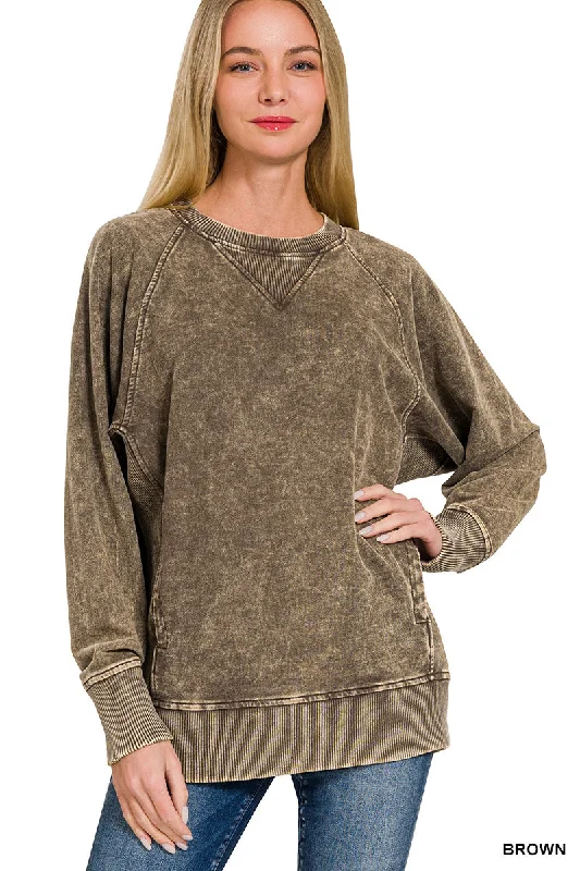 Brown Acid Washed French Terry Pullover Box Sleeve Comfort