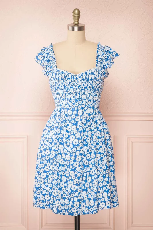 Eviana | Short Blue Floral Dress w/ Ruched Bust