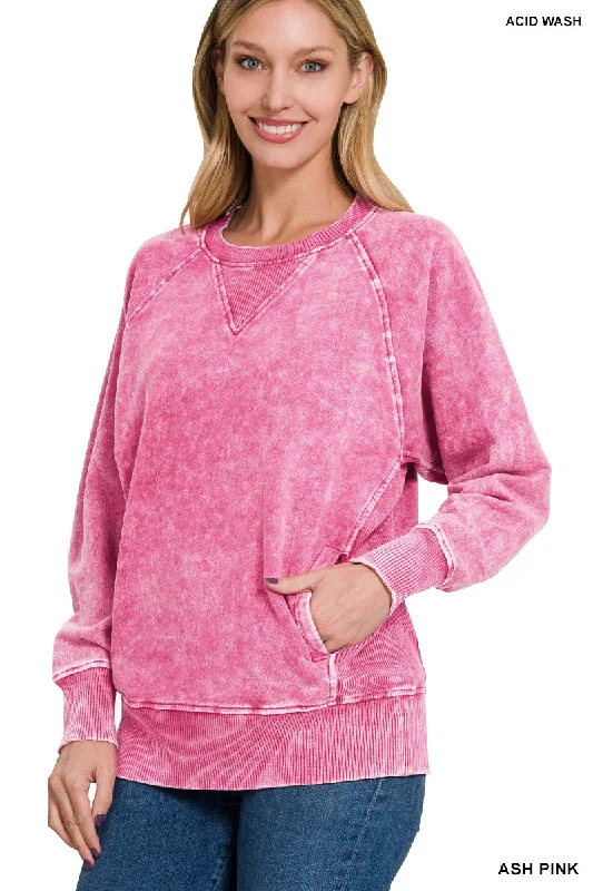 Ash Pink Acid Washed French Terry Pullover Cold Shoulder Design