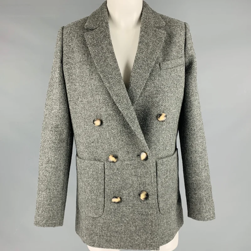 SEZANE Size 2 Grey Virgin Wool Double Breasted Jacket Toggled Jacket Drawstring Jacket Belted Jacket