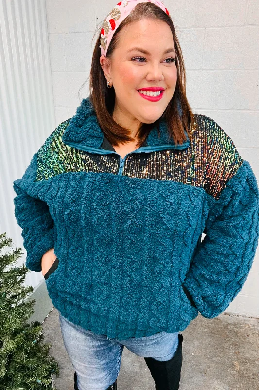 Going With You Teal Sequin & Sherpa Half Zip Pullover Spaghetti Sleeve Top