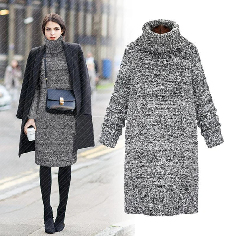 Women High Neck Knitted Long Sweaters Fitted Loose Oversized