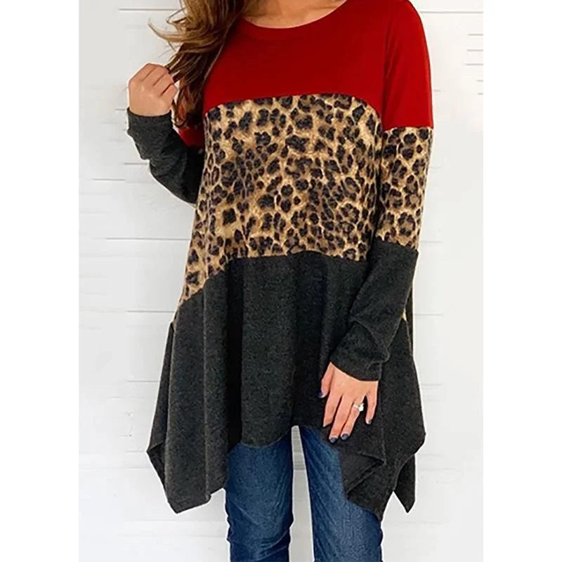 Women Round Neck Leopard Long Sleeves Sweaters Houndstooth Herringbone Solid