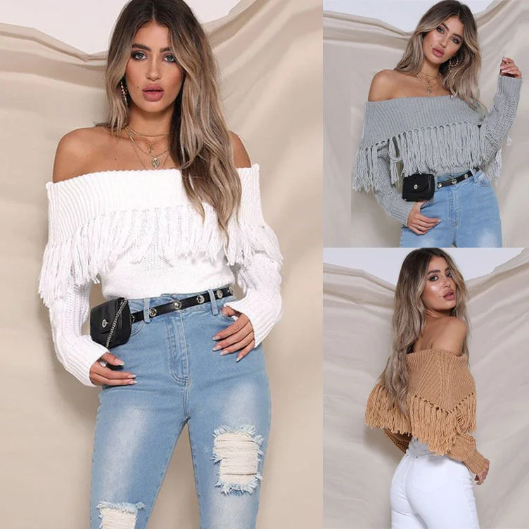 Sexy Off The Shoulder Tassels Women Short Sweaters Cotton Fabric Linen Fabric Terry Fabric