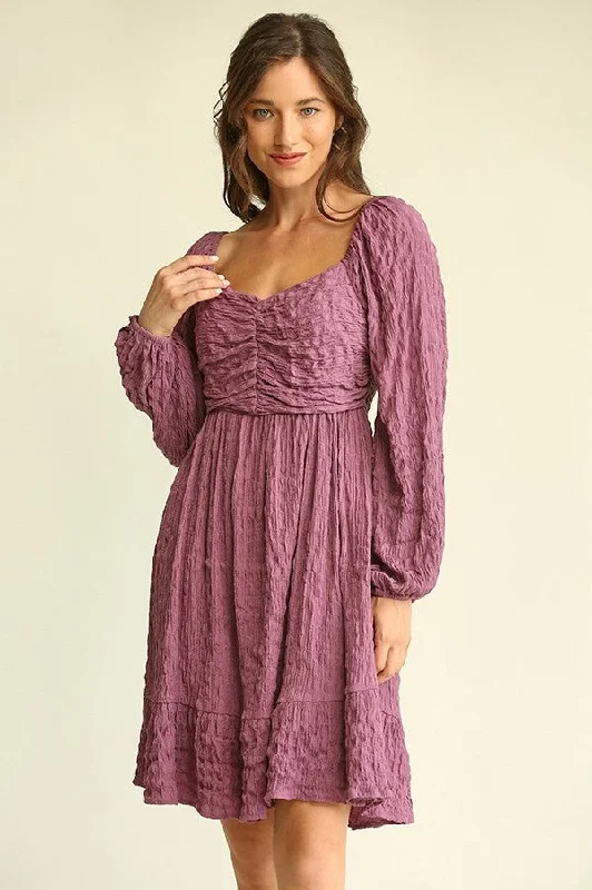 GiGio Textured Dress with Ruching in Dusty Taro-FINAL SALE