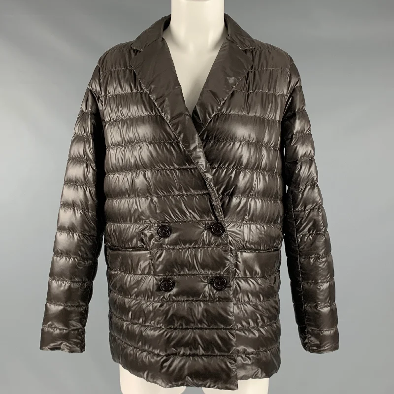 HERNO Size 4 Brown Nylon Padded Double Breasted Jacket Chenille Fabric Brocade Fabric Lace Fabric