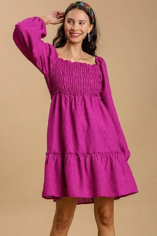 Umgee Smocked Puff Sleeve Dress in Magenta- FINAL SALE