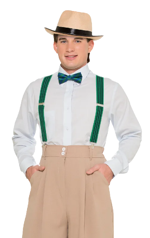 Striped Green Trouser Braces Trousers Leather Faux