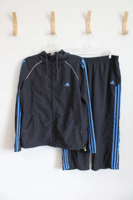 Adidas Black & Blue Tracksuit Jacket & Capri Set | L Rayon Jacket Velvet Jacket Corduroy Jacket