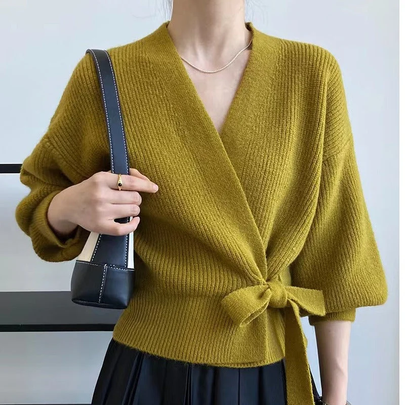 Vintage V Neck Knitted Short Sweaters Boxy Sweater Fitted Sweater A-Line