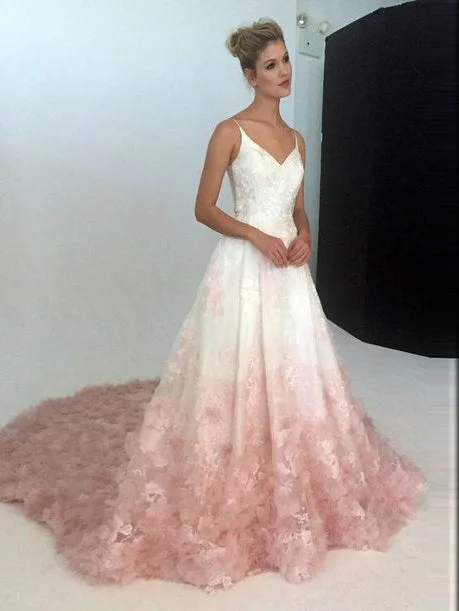 A-line Spaghetti Straps Ombre Long Prom Dress Sweep/Brush Train Lace Prom Dresses Evening Dresses ASSD028