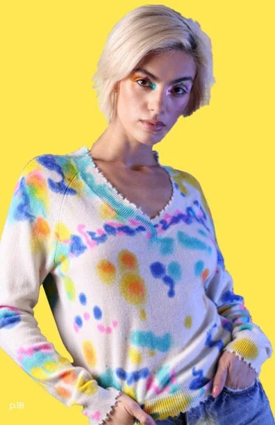 Cash Frayed Printed Tie Dye V Neck Sweater Multi Color - Minnie Rose Fleece Fabric Down Fabric Feather Fabric