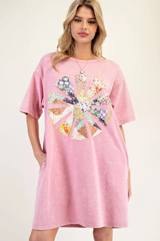 Easel Solid Color Knit Dress with Patchwork Front in Boho Rose