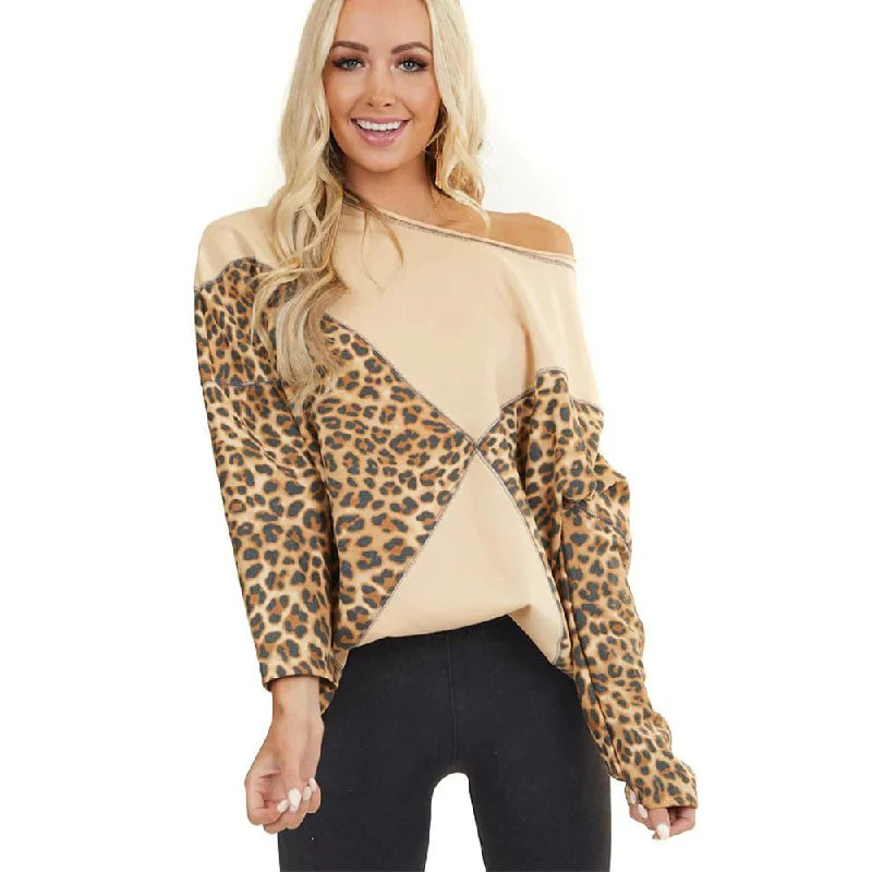 One Shoudler Long Sleeves Leopard Fall Sweaters Collared Crew Neck Turtle Neck