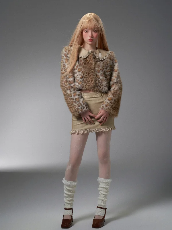 Fluffy Leopard Dreams Collar Jacket ＆ Mini Skirt Tiered Jacket Buttoned Jacket Zippered Jacket