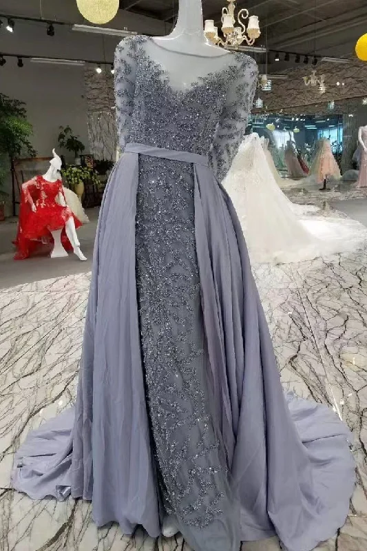Gorgeous Prom Dress Sheath/Column Court Train Tulle With Full Beading Long Sleeves  Scoop