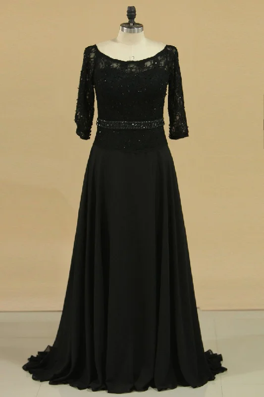 Black Mother Of The Bride Dresses 3/4 Length Sleeve A Line Chiffon & Lace Sweep Train