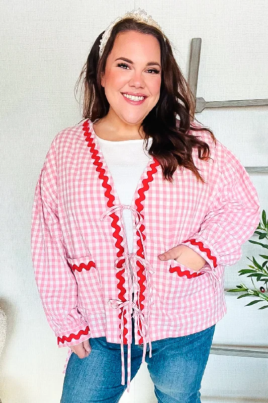 Spell Bound Red & Pink Cotton Ribbon Tie Gingham Pocket Jacket Jersey Jacket Tulle Jacket Batik Jacket