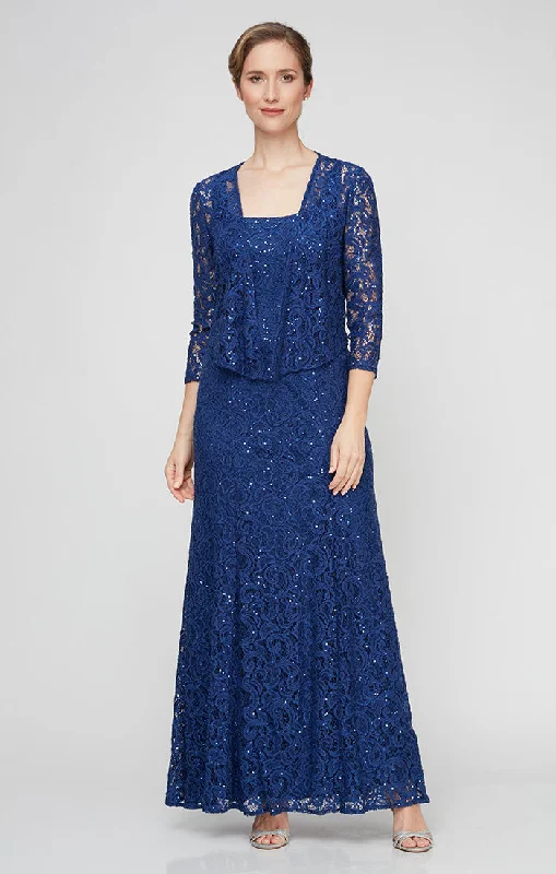 Sequin Lace Long A-Line Dress with 3/4 Sleeve Illusion Jacket Front Pockets Side Pockets Patch Pockets