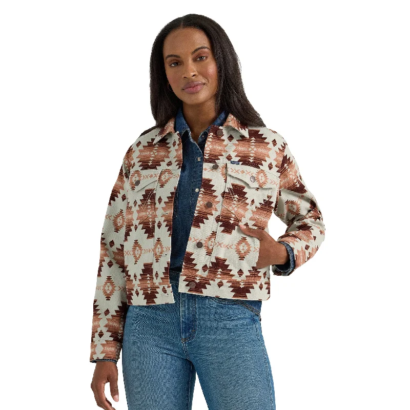 Wrangler Cream and Rust Aztec Crop Jacket Front Pockets Side Pockets Patch Pockets