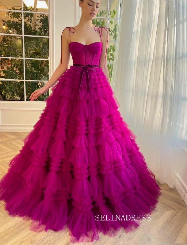 Chic Gorgeous Frill Layered Gown Long Prom Dresses A-line Spaghetti Straps Fuchsia Evening Dresses jkw233 Chic Gorgeous Frill Layered Gown Long Prom Dresses A-line Spaghetti Straps Fuchsia Evening Dresses jkw233