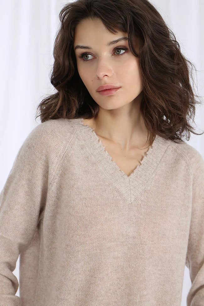 Cash Frayed Edge Cropped V Neck Sweater Wheat - Minnie Rose Nylon Fabric Polyester Fabric Spandex Fabric