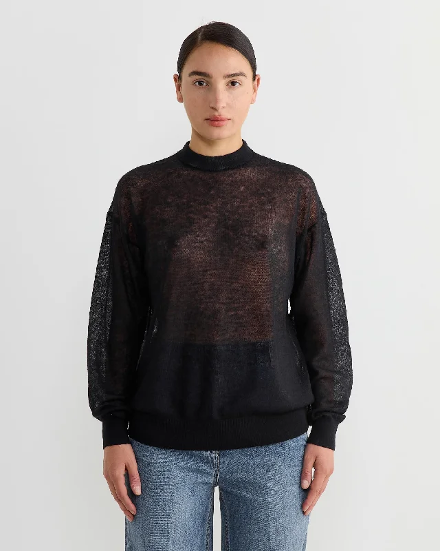 Sheer Sweater Crewneck Easy Pullover in Dark Navy Deep Neck Pullover
