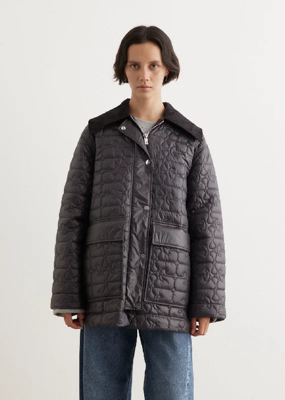 Shiny Quilt Midi Jacket Zip Front Button Front Snap Front