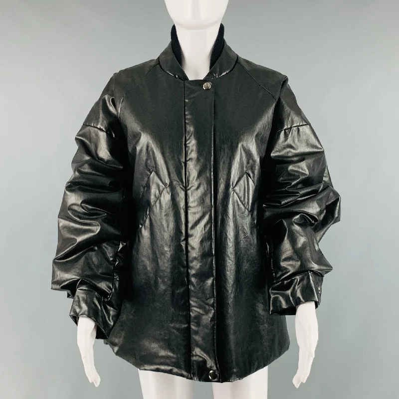 KASSL Size S Black Cotton Blend Padded Faux Leather Bomber Jacket Denim Fabric Leather Fabric Suede Fabric