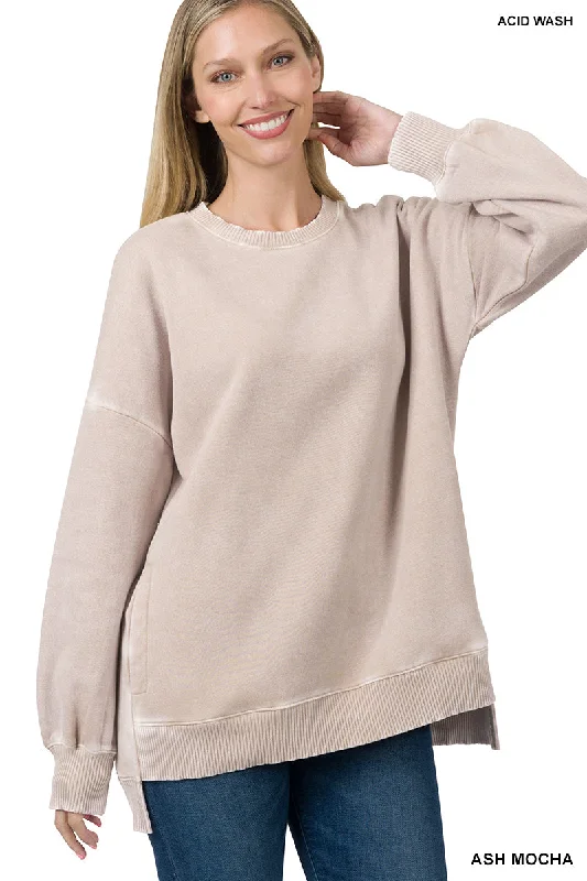 Ash Mocha Acid Wash Hi-Low Fleece Pullover dolman Sleeve Top