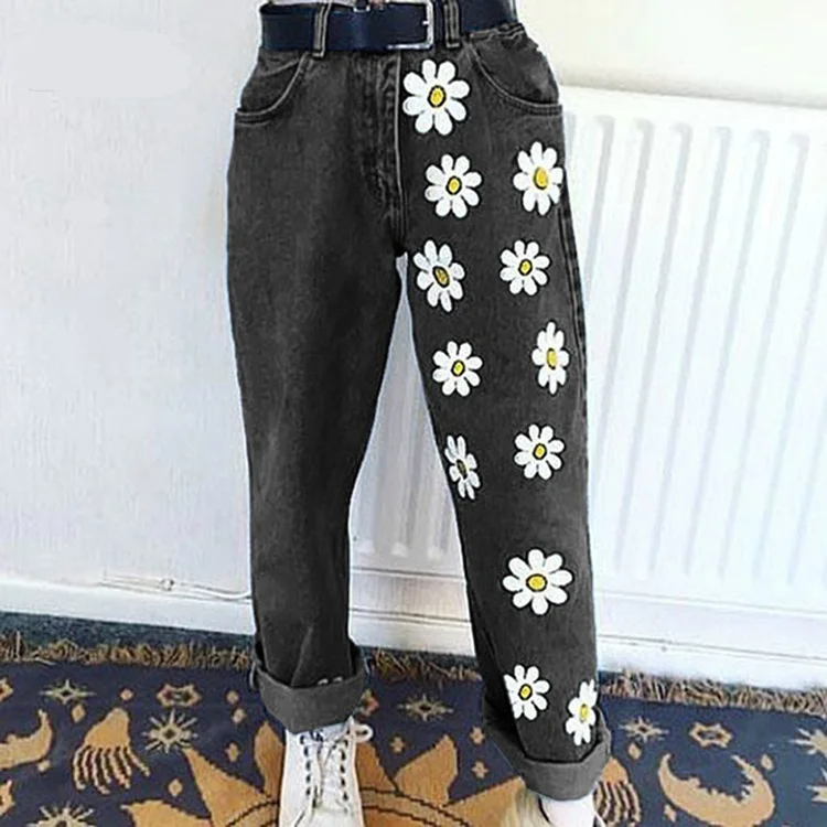 Women'S Fashion Floral Printing Denim Trousers Trousers Capri Summer