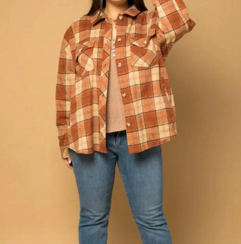 Plus Long Sleeve Front Pocket Plaid Shacket In Rust