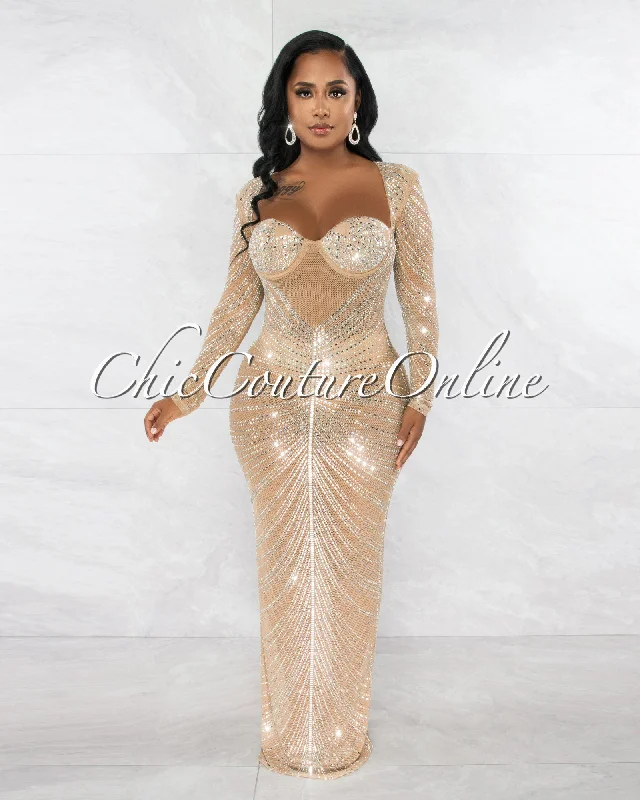 Corlette Nude Mesh Sheer Rhinestones Long Sleeves Maxi Dress