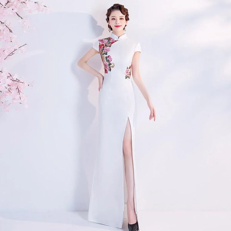 Cap Sleeve Floral Embroidery Appliques Cheongsam Top A-line Evening Dress