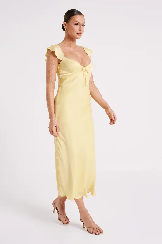 Chantal Short Sleeve Satin Midi Dress - Yellow