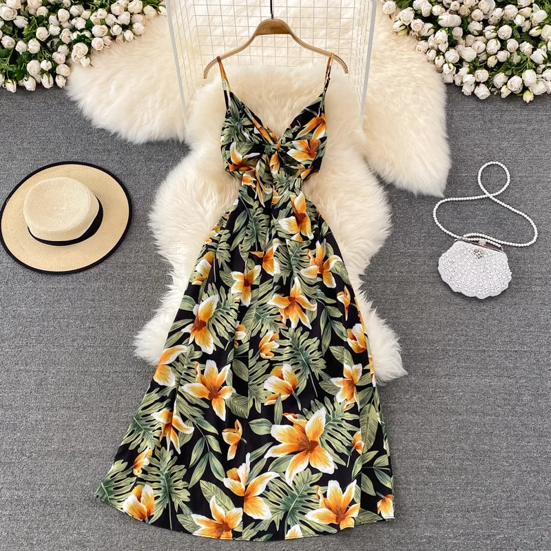 Cute V Neck Floral Dress With Bow Fashion Dress  10790